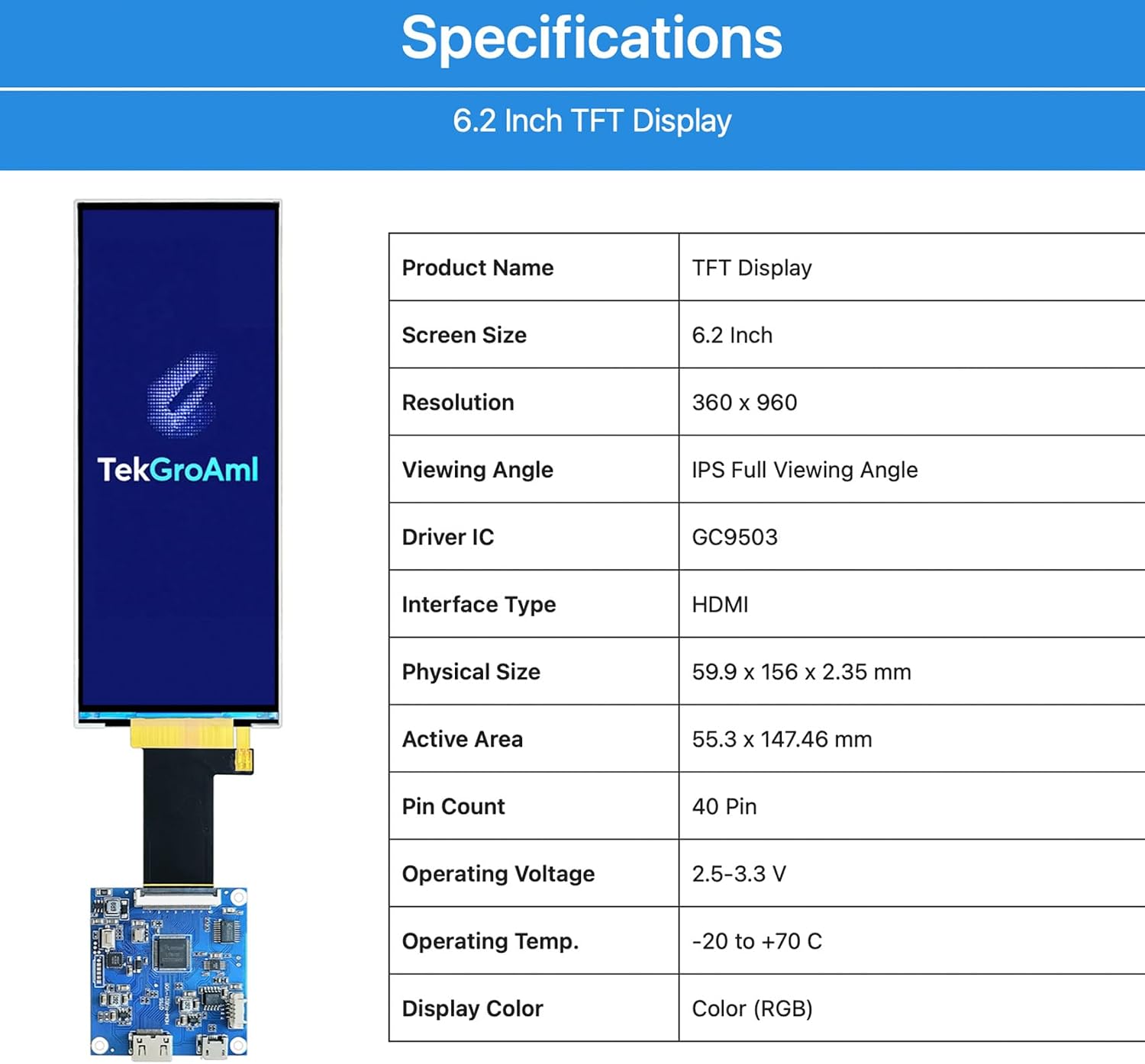 TekGroAml 6.2 Inch 360x960 430 nits LCD Display,Mini H/D Board,USB 5V Power