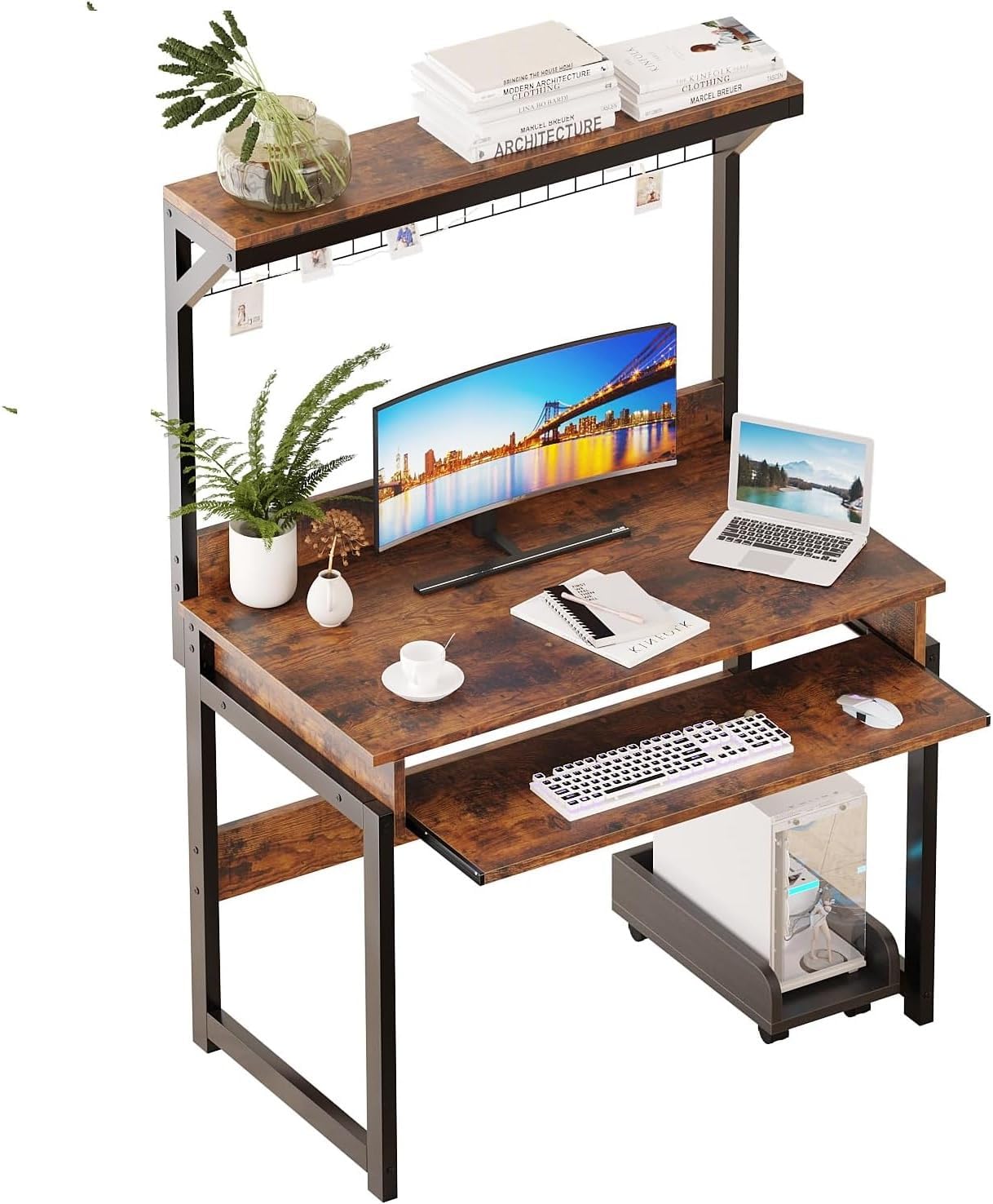 Computer Desk with Keyboard Tray and Storage Shelf, 31.5 Inch Office Desk with Computer Tower Stand, Home Office Desk for Small Space, Writing Table Workstation, Rustic Brown (Rustic Brown)