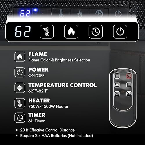 Miniatura 7 de Tangkula Chimenea eléctrica de 26 pulgadas con control remoto, chimenea empotrada con 3 efectos de llama, 6 brillos, termostato, temporizador de 6