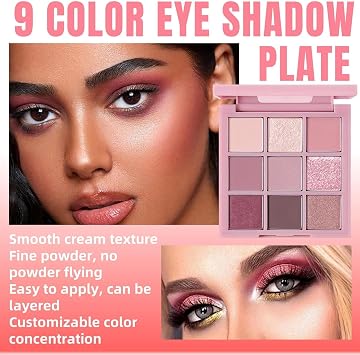 Pink Eyeshadow Palette & 9 Shades Eyeshadow Palette with Highly Pigmented, Waterproof & Blendable Formula, Eye Shadow Pallets For Women, Glitter Eyeshadows, Long-Lasting Sparkly Makeup