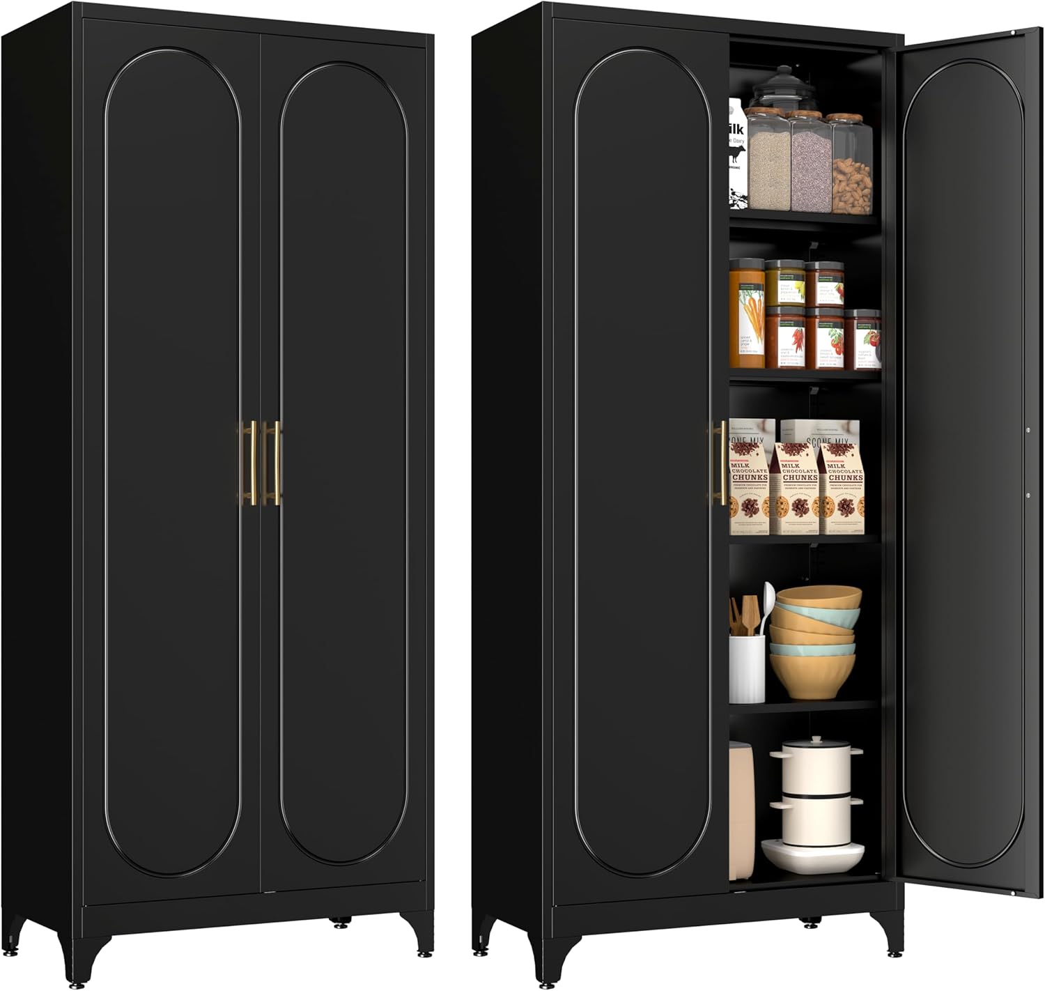 POLUP 75 Inch Tall Metal Pantry Cabinet with Adjustable Shelves & Doors - Black Freestanding Kitchen Storage Cupboard