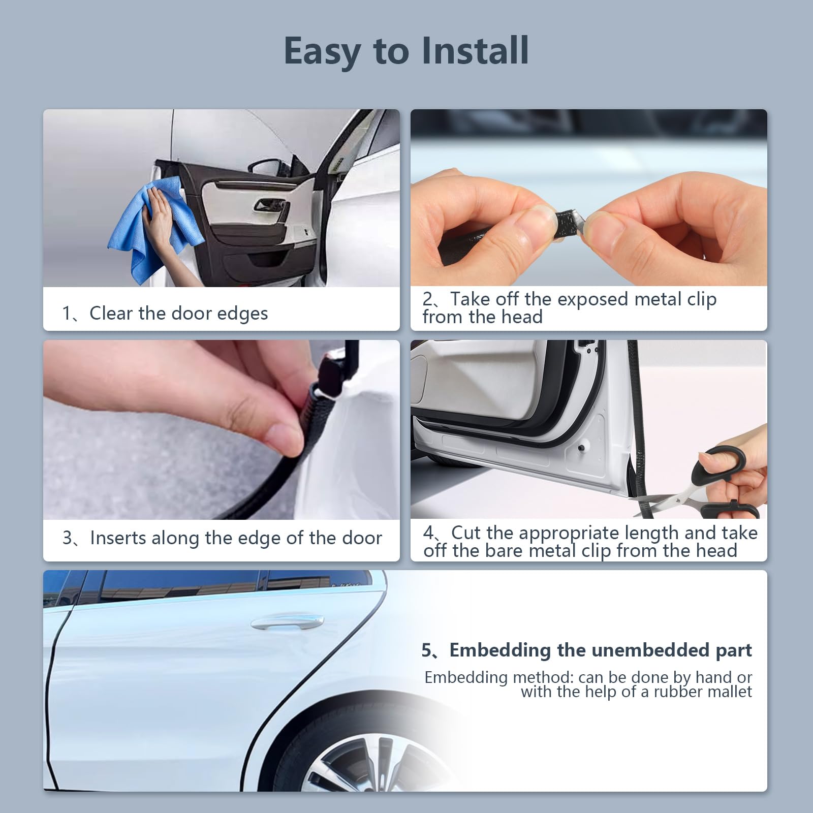 Protectores de borde de puerta de automóvil de 10 m, sin pegamento, protector de borde de puerta de coche en forma de U, protector de borde de puerta de coche con clips de metal integrados