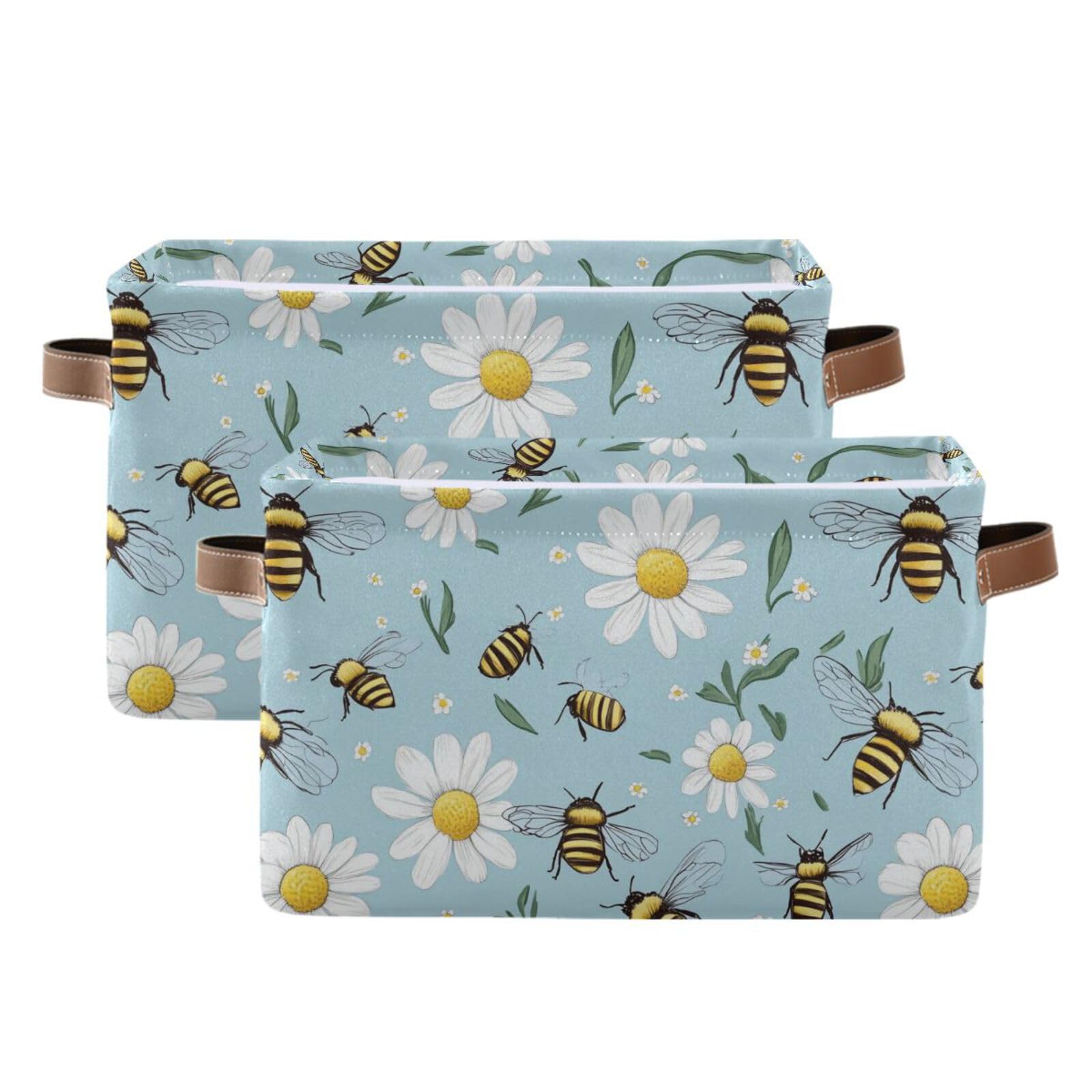 Wusikd Bees Daisies Storage Basket Set of 2 Large Fabric Blue Storage Baskets Bins Box Cube with Handles Collapsible Closet Shelf Clothes Organizer Basket for Nursery Bedroom