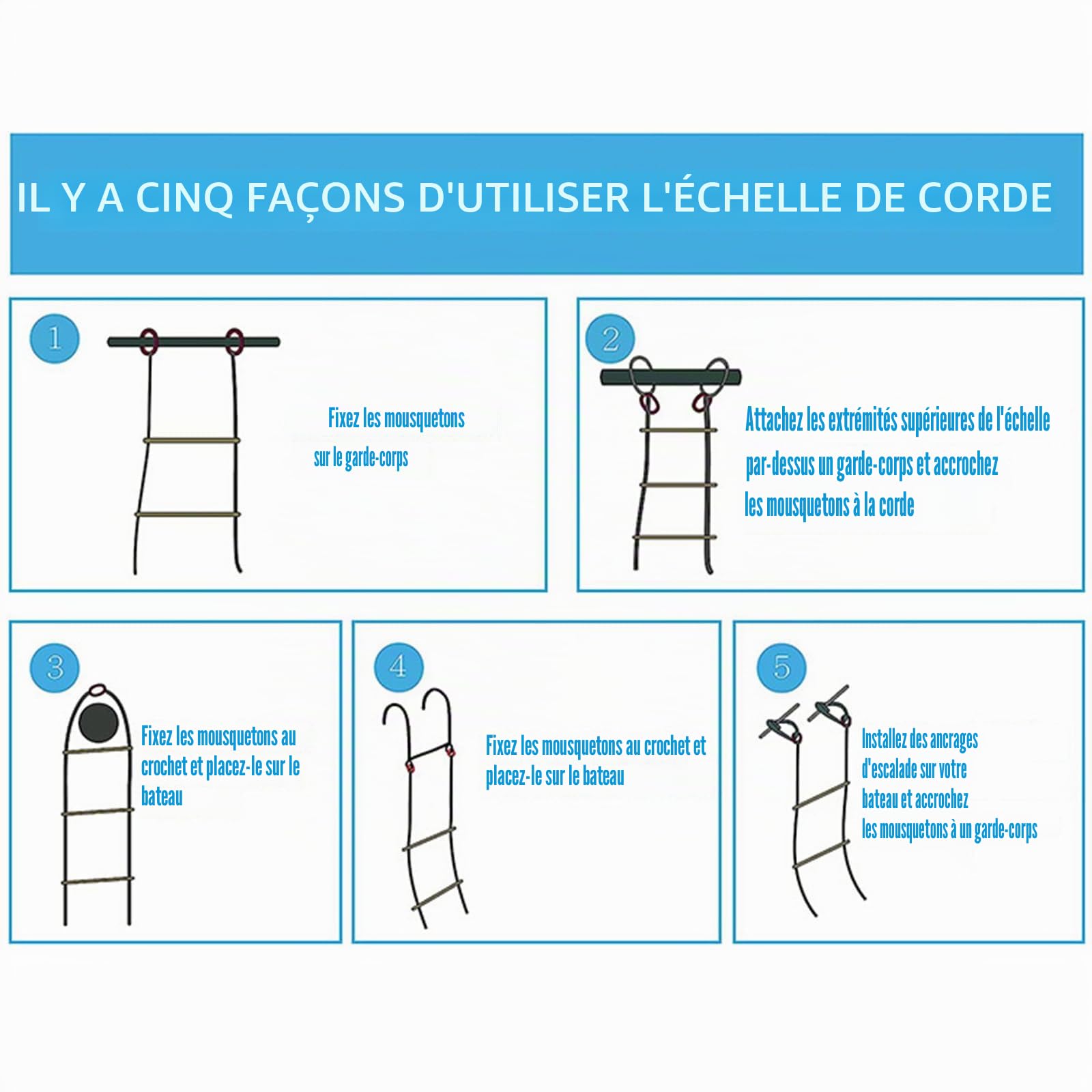 Échelle de corde pour bateau - Pliable et amovible - 4 marches - Échelle de corde marine - Rallonge de bain