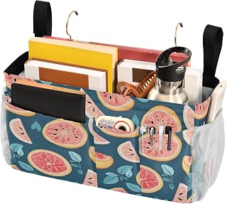 YETTASBIN Grapefruit Bedside Caddy Hanging Storage Organizer Bag with 2 Straps & Hooks for Bunk Beds, College Dorm, Hospital Bed - Holder for Books, Phone, Magazine, Glasses, Keys