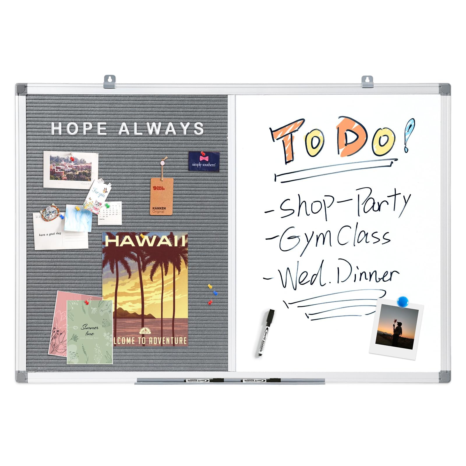 MAKELLO Magnetisches Whiteboard mit Pinnwand Buchstaben Tafel mit Aluminiumrahmen, Kombitafel für Küche, Wohnung und Büro 90x60cm