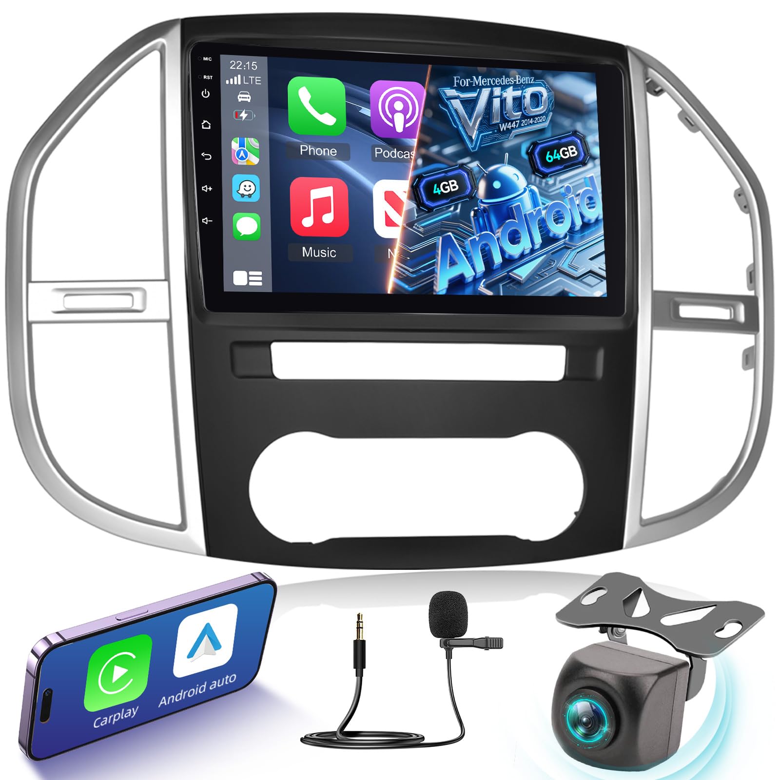 [4G+64G] Android Autoradio pour Mercedes Benz Vito W447 2014-2020 avec Carplay & Android Auto sans Fil, Écran Tactile IPS 10,1 Pouces avec GPS, WiFi, 32EQ, Bluetooth 5.0, Radio FM/RDS