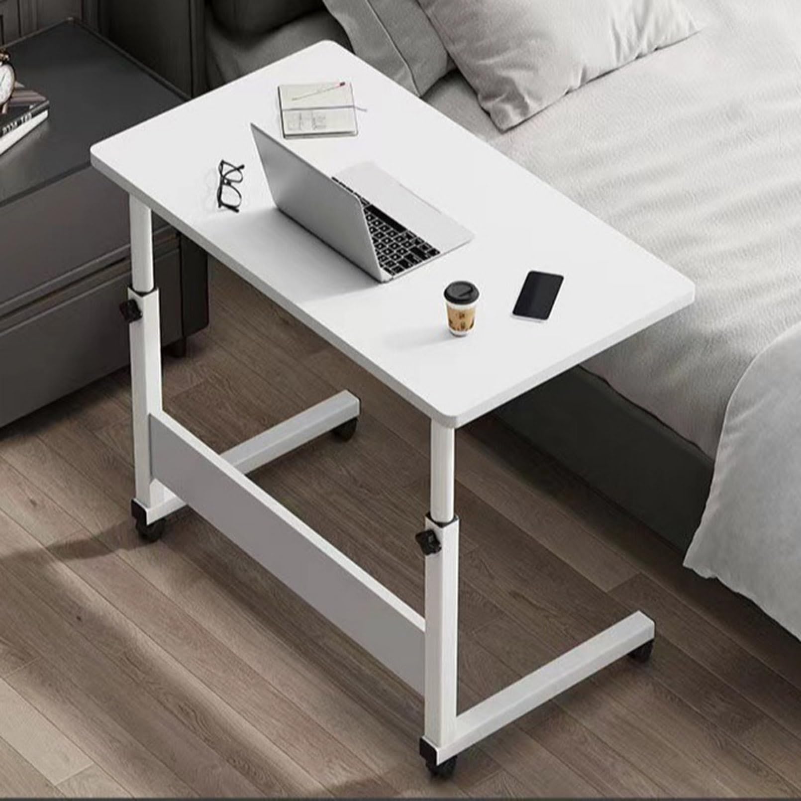 Tavolino da letto regolabile in altezza con ruote, scrivania portatile a forma di C per mangiare e lavorare da casa, tavolo leggero e versatile per hobby e attività