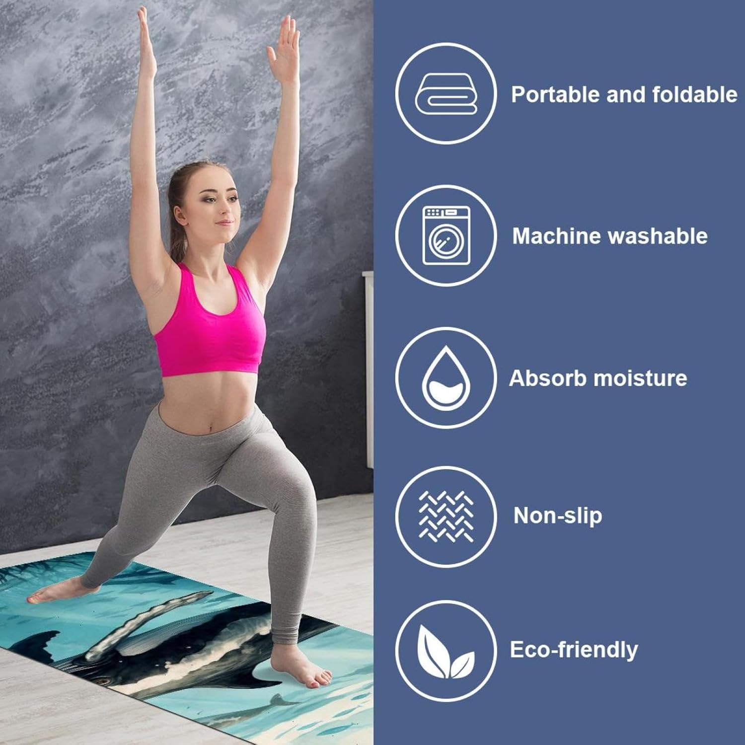 Yoga Towel, Whale Sea Pattern Non Slip Sweat Absorbent Hot Yoga Mat Towel for Hot Yoga, Pilates and Fitness - 72.8" x 26.8"