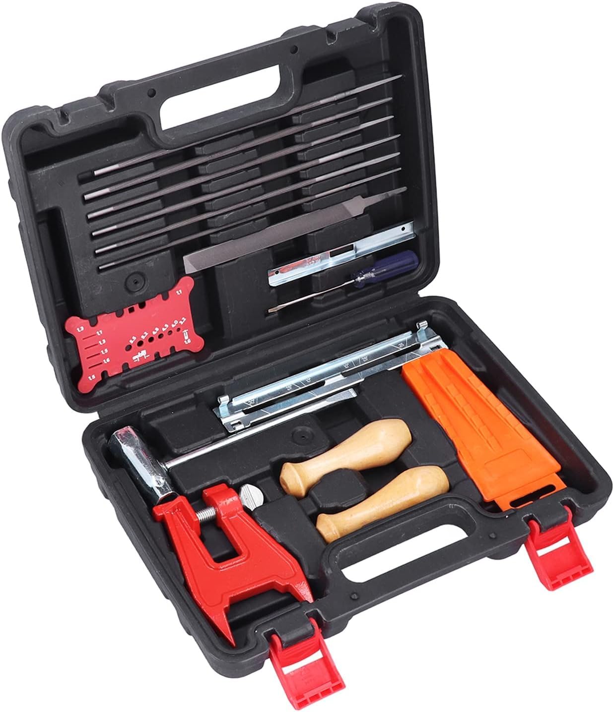 Kit de afilado de cadena de motosierra de 16 piezas, juego de herramientas de afilador inalámbrico con limas planas redondas, soportes de archivos y cuñas de tala para mantenimiento de barra guía en