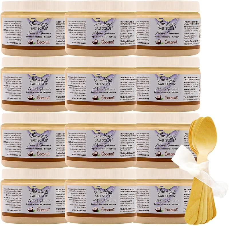 The Keys Salt Scrub Esfoliante corporal de sal marinho com colher de madeira, Coco, Pacote com 12 unidades de 340 g