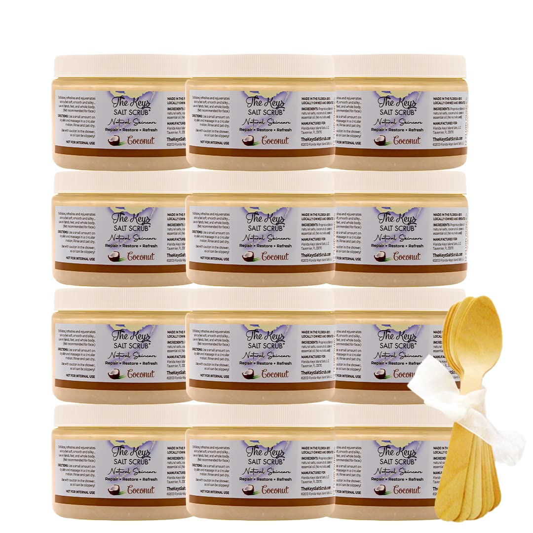 The Keys Salt Scrub – Coconut Sea Salt Scrub – Exfoliating Body Scrub Skincare with Wooden Spoon for Men & Women-Natural Moisturizing Exfoliator for Face, Hands, Foot, Bath, & Bikini Area (12pcs-12oz)