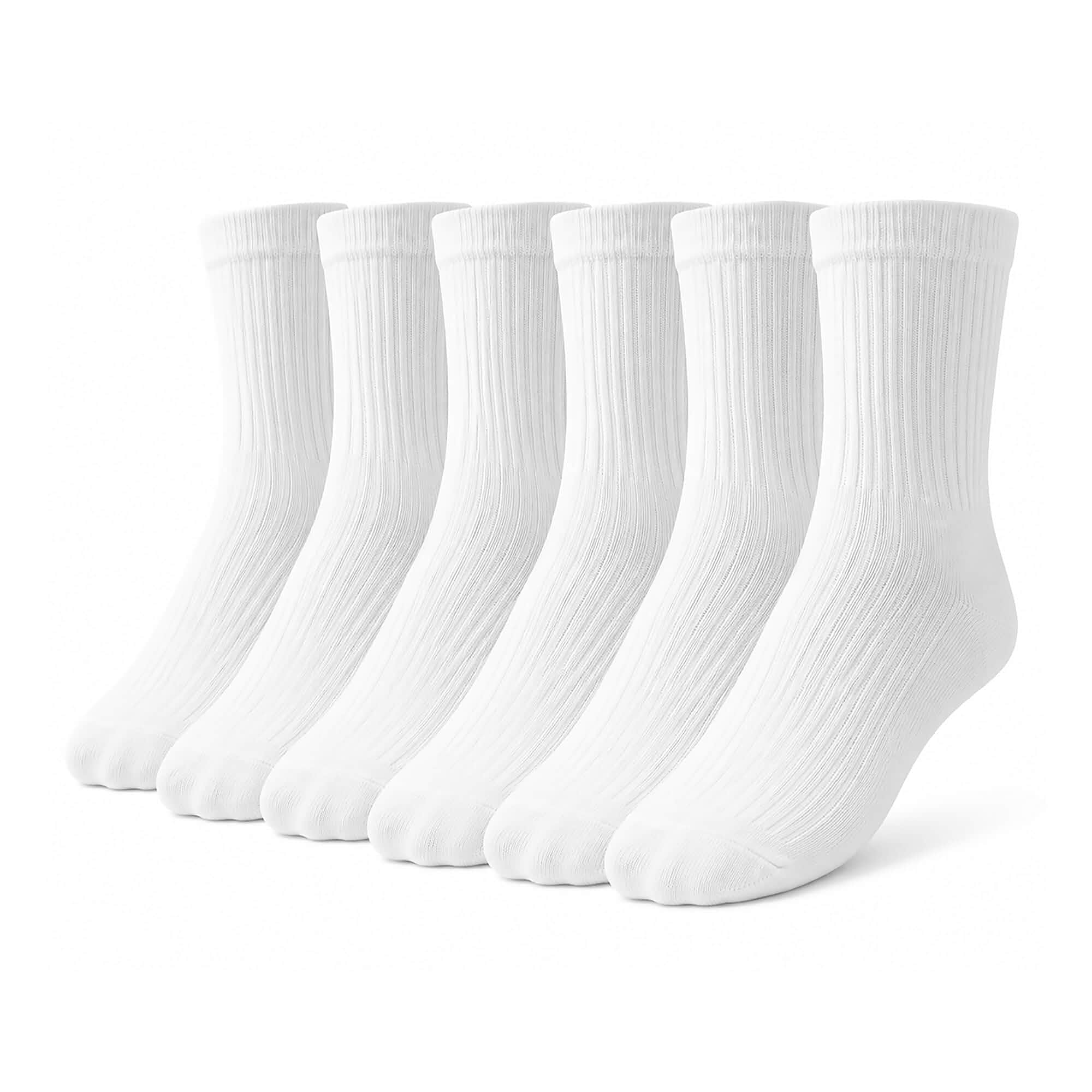 30s Combed Cotton Crew Socks Everyday White/Black W 5-12, M 3.5-10.5 MADE IN SOUTH KOREA · RIBBED · MOISTURE-WICKING · BREATHABLE · SECURE FIT · NON-BINDING · SHAPE RETENTION · ALL-DAY COMFORT