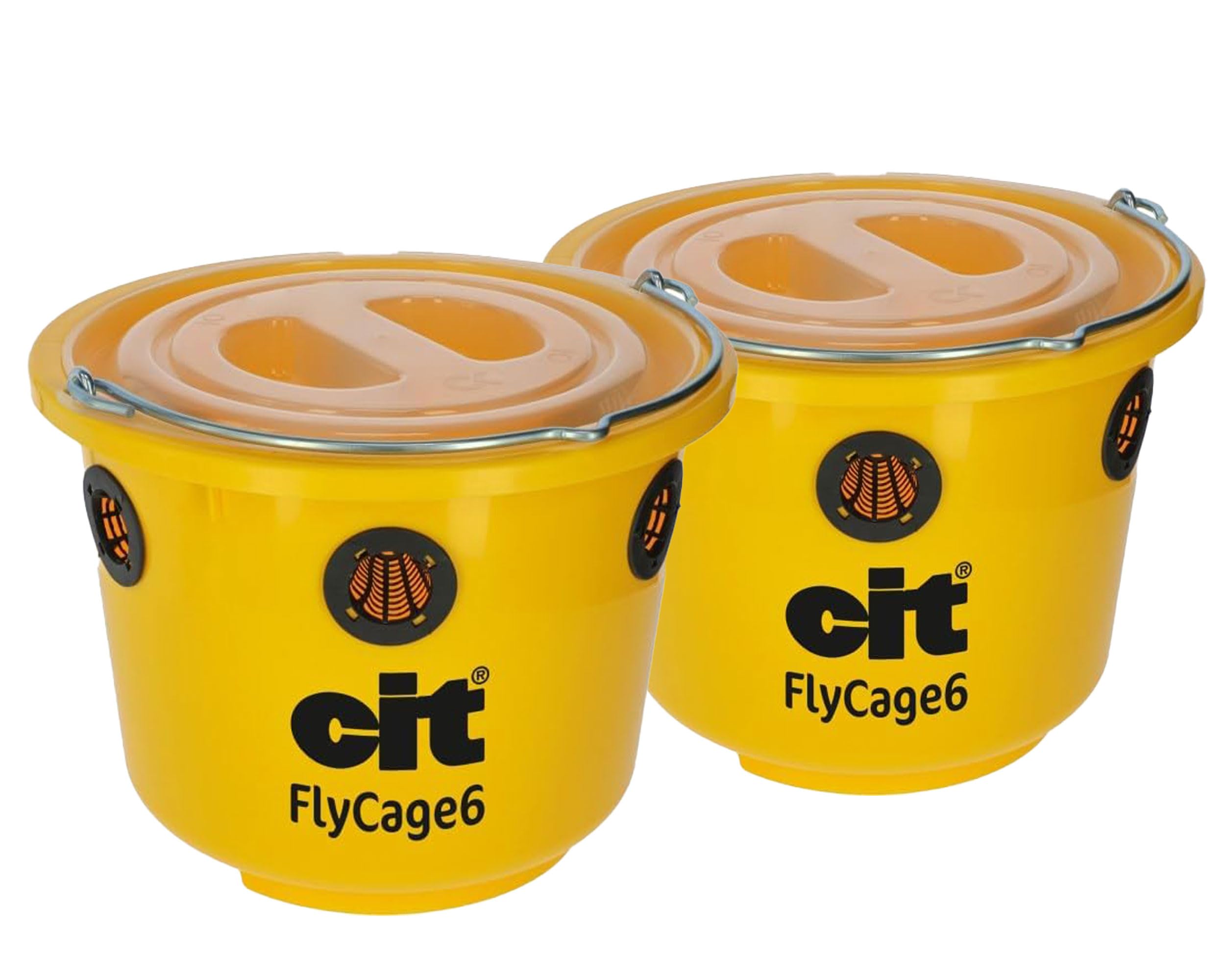 FlyCage Fliegenschutz Eimer 2er Pack mit 6 Einsätzen, Lockstoff & Deckel | Fliegenfalle für Haus, Garten, Stall & Terrasse