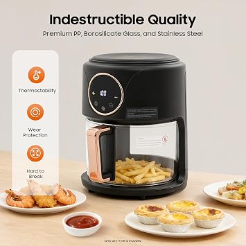 8-in-1 Portable Glass Air Fryer 4.4QT - Non Toxic Air Fryer with 360 Viewable Transparent Frying Basket, Touchscreen Digital Display, Dishwasher Safe - for Air Fry, Roast, Bake, Broil, Dry, Black