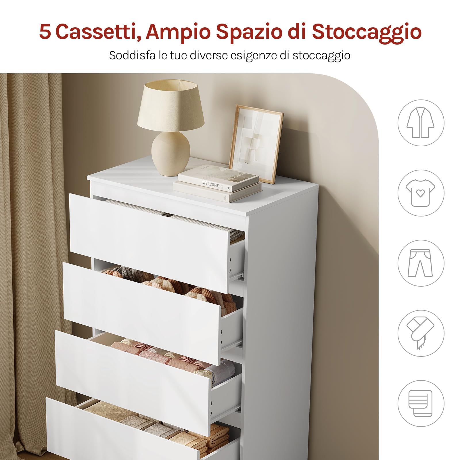 WOLTU Cassettiera Camera da Letto con 5 Cassetti Bianca, Mobiletto Salvaspazio in Stile Moderno, per Soggiorno Ingresso, 60x37x110 cm, in Legno, KMD006ws
