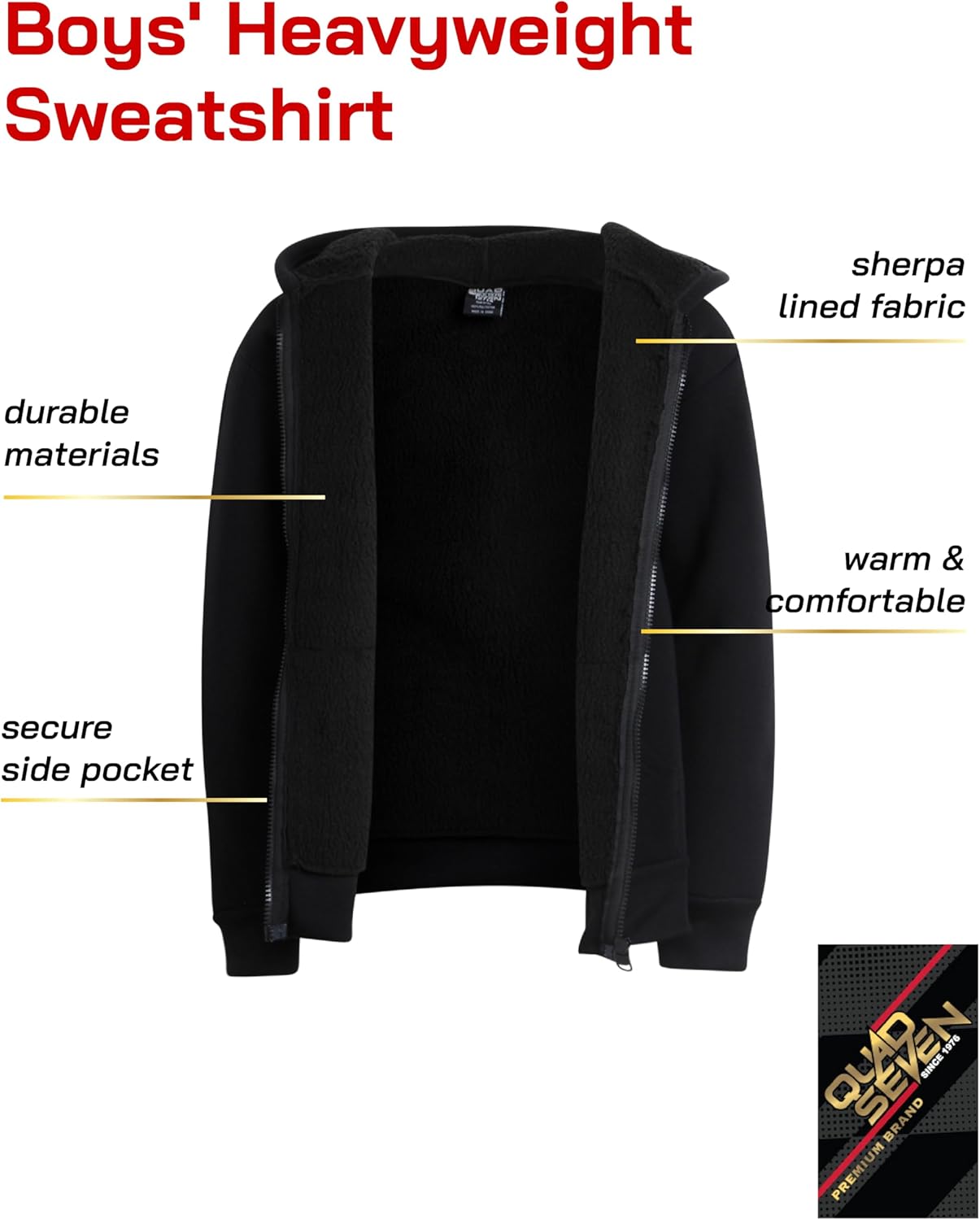 Quad Seven Boys Zip Up Hoodie - Cozy Sherpa-Lined Fleece Zip Up Hoodie - Casual Hooded Sweatshirt for Boys (Sizes: 8-18) - Image 4