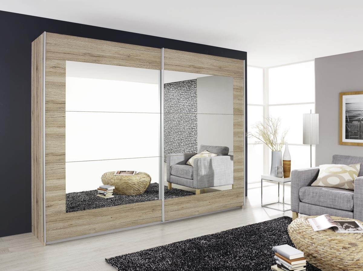 Armadio Alegro Armadio con ante scorrevoli in rovere Sanremo chiaro con specchio, 2 ante, incluso pacchetto di accessori Basic 3 aste appendiabiti, 3 ripiani L x A x P 271 x 210 x 62 cm