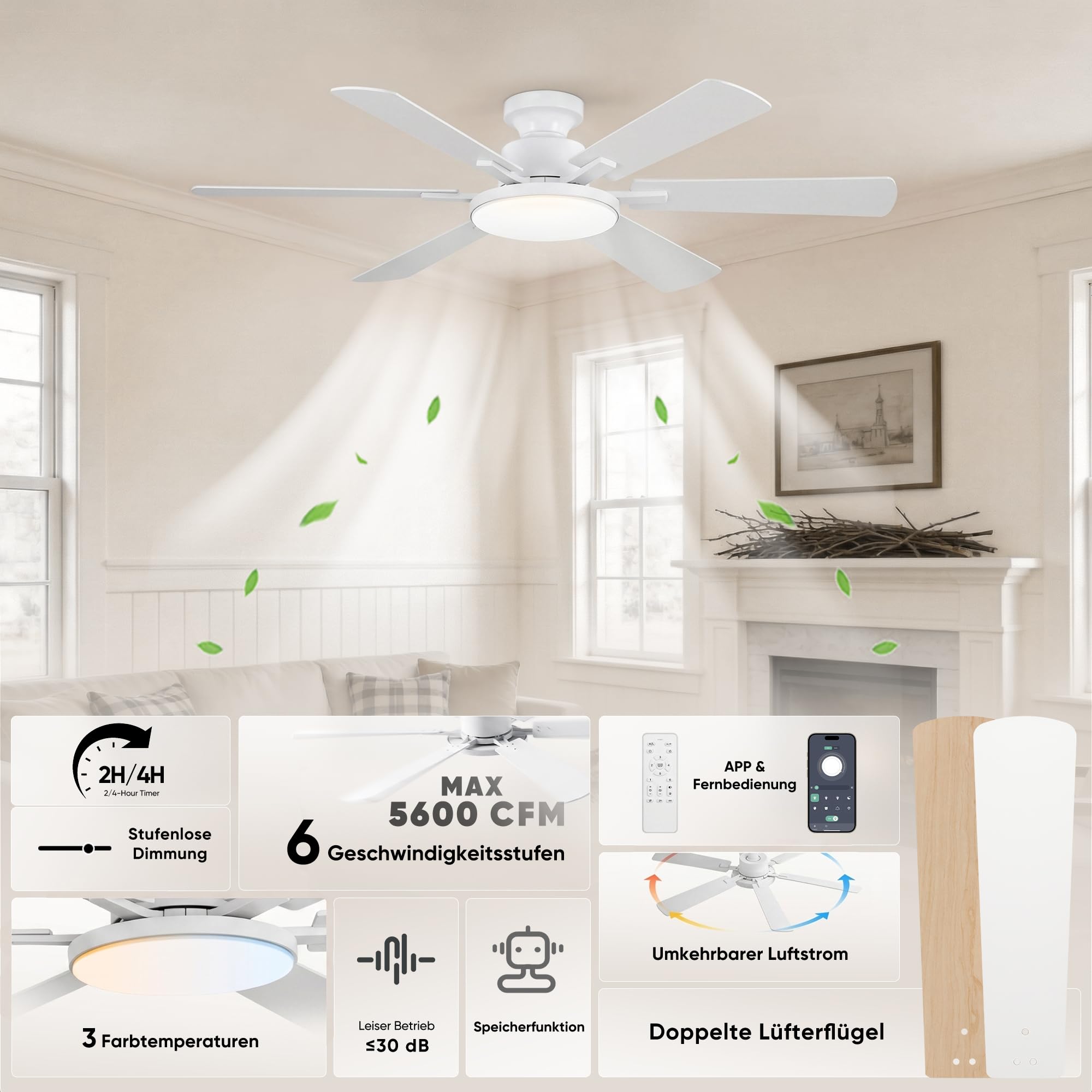 Deckenventilator mit Beleuchtung 132cm 6 Blätter Deckenventilator mit Fernbedienung 6 Gänge Ultraleiser Reversibler Gleichstrommotor 3CCT Dimmbare LED Doppelseitige Flügeln für Schlafzimmer (Weiß)