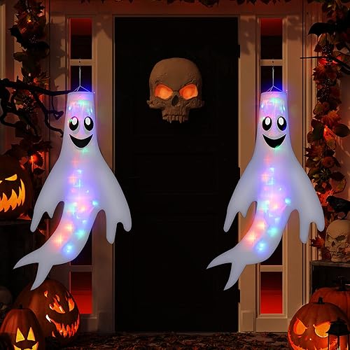 Boao 2 piezas de 43.3 pulgadas de fantasma de Halloween con luz LED colorida decoración de calcetines de viento de Halloween bandera para
