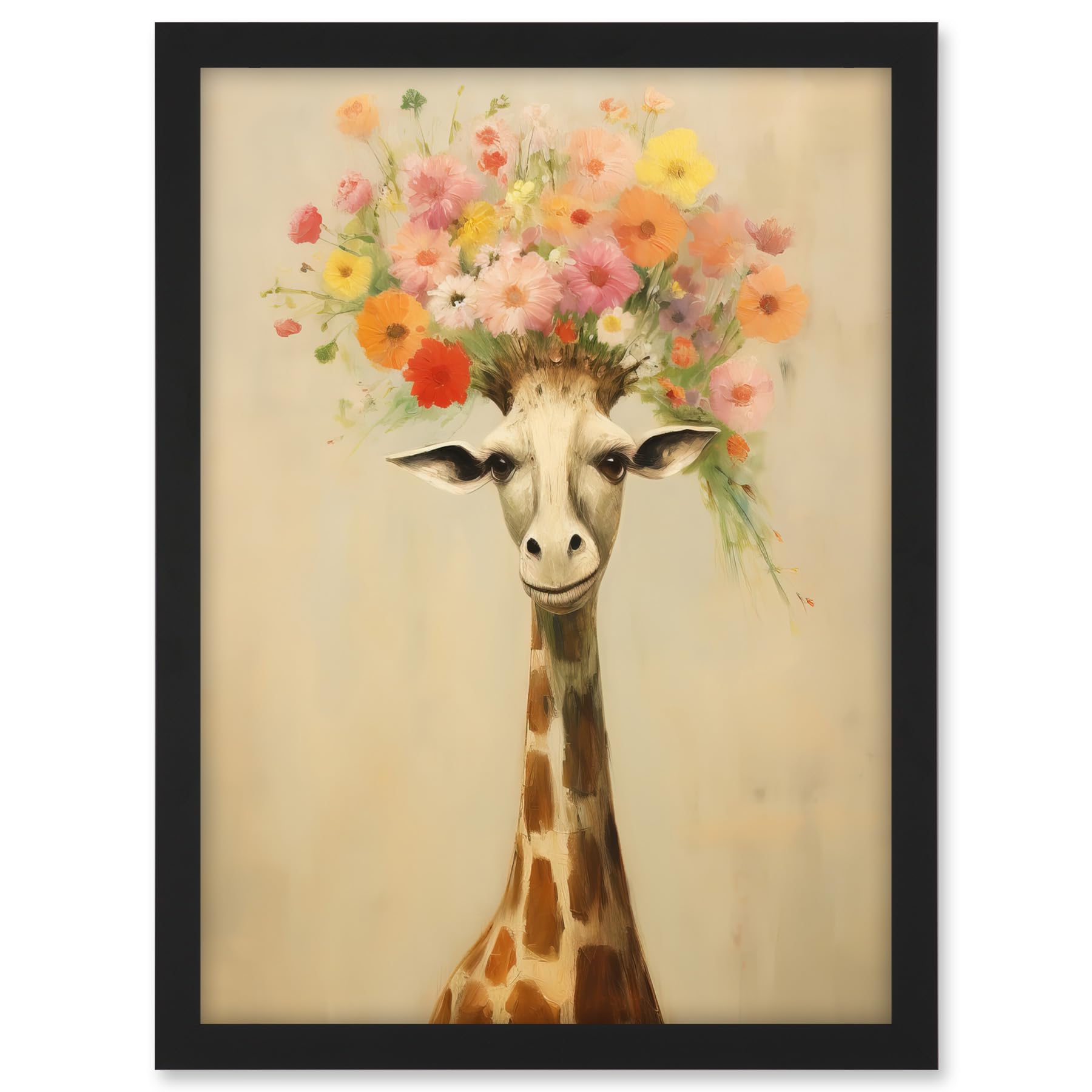 Artery8 Cheerful Giraffe with Wildflower Bouquet Hat Spring Camouflage Whimsical Oil Painting Nursery Artwork Framed A3 Wall Art Print