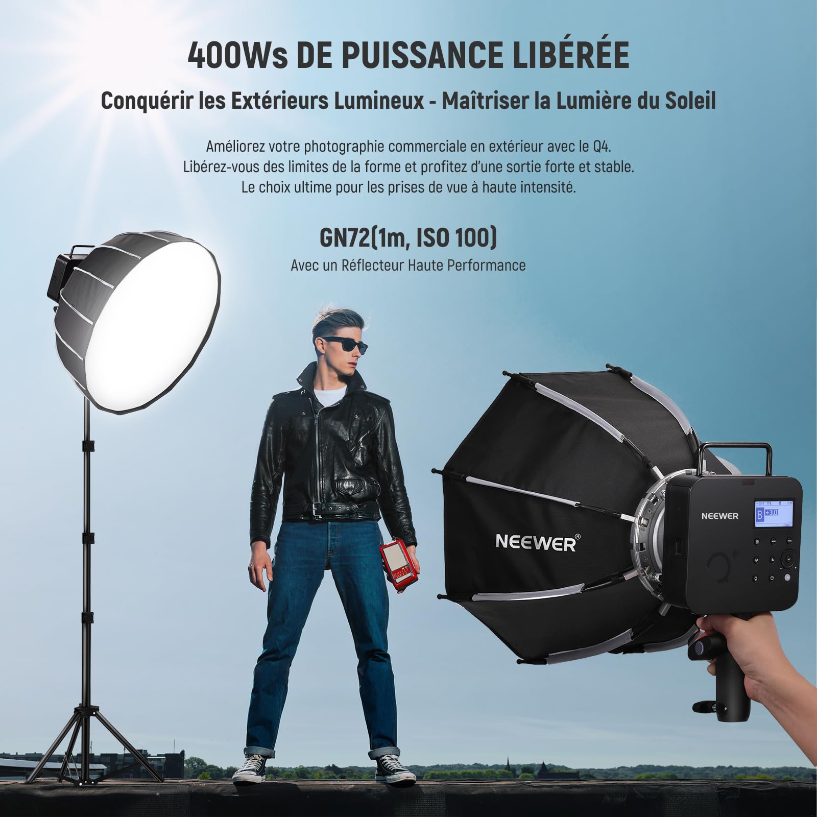 NEEWER Q4 400Ws 2,4GHz TTL Flash Studio extérieur(Nouveau Design) Compatible avec Godox,1/8000s HSS/2800mAh/Lampe Pilote 30W/Flash 400Ws à Pleine Puissance