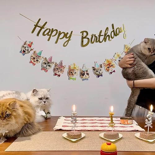 Miniatura 5 de Cartel de Feliz Cumpleaños Guirnalda de Gato Divertida Decoración de Cumpleaños Cara de Gato Cumpleaños Decoración Banderines Decoración Oro