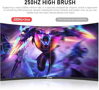 Gawfolk 27 Inch PC Computer Screen,1800R Curved Gaming 250Hz Monitors, FHD 1080p 1ms, Freesync, 98% sRGB,Built-in Speaker, HDMI2.0DisplayPort, Compatible with Wall-Mounted 100 * 100MM-Black