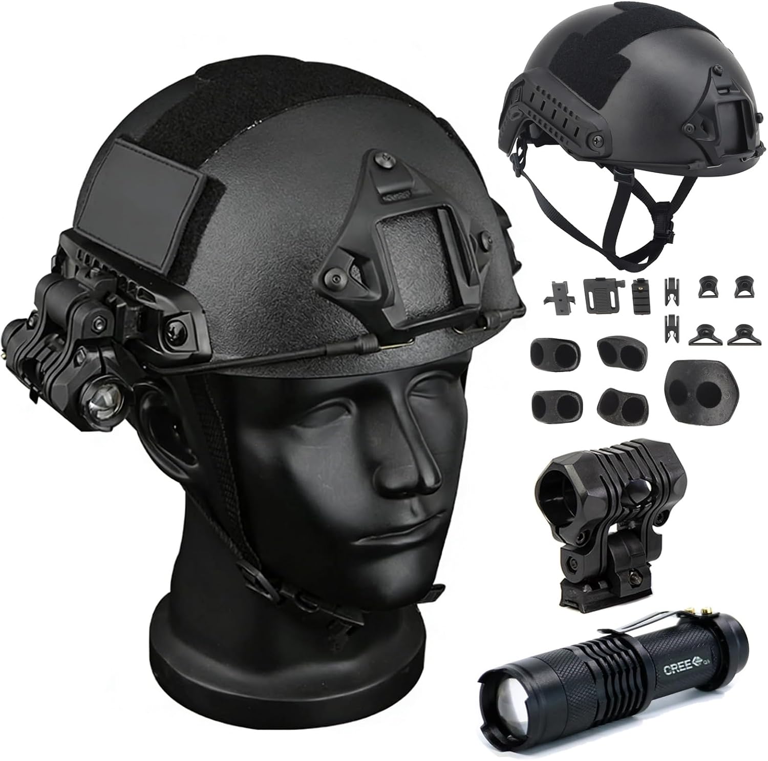 Tactical Fast Helmet Set, with Tactical Torch and Torch Clip, Adjustable Airsoft Helmet for Outdoor Cs Game