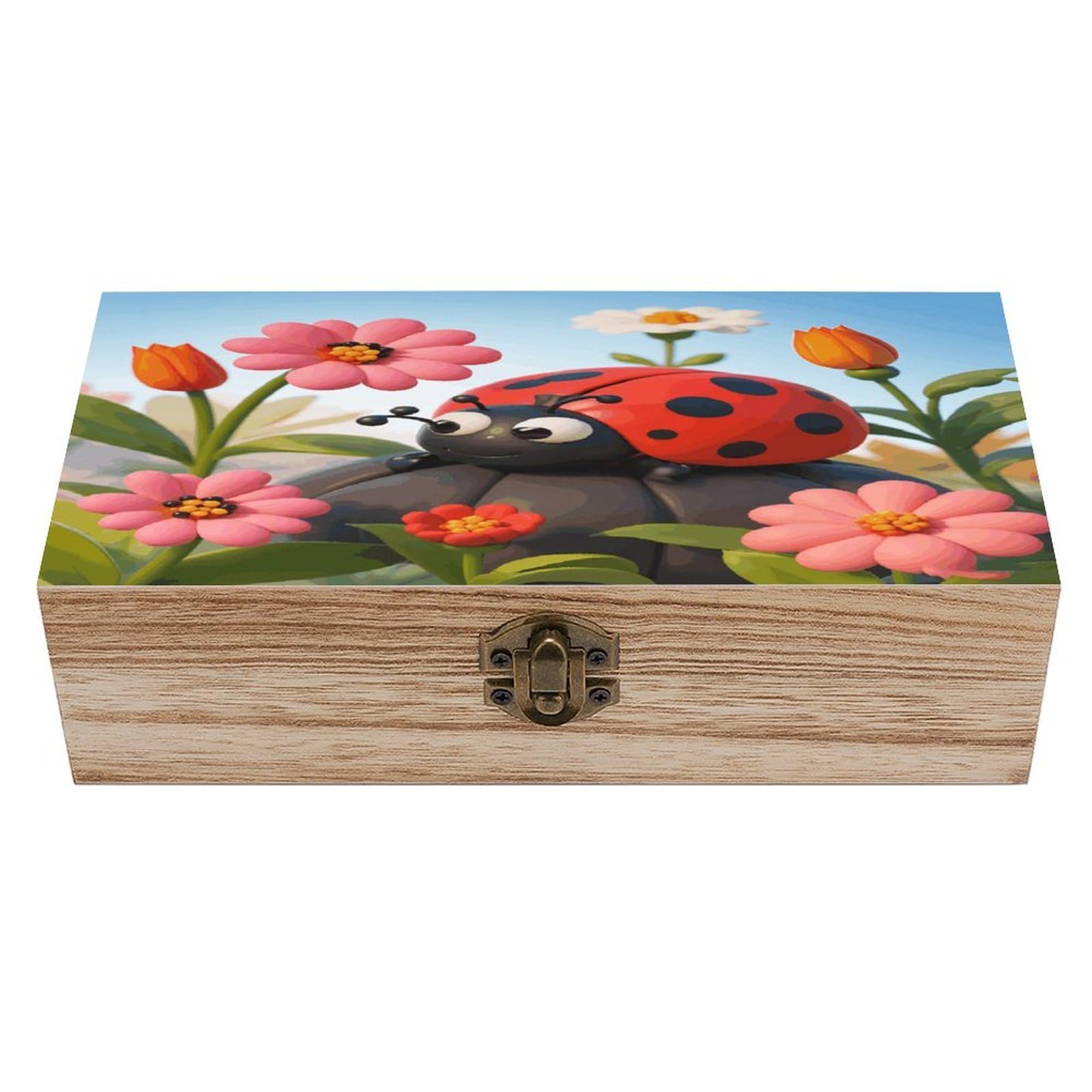 VstaDank Cartoon Ladybug Flower Wooden Box Sturdy Vintage Storage Box with Hinged Lid Exquisite Wood Keepsake Boxes Large Jewelry Case Cute Trinket Holder Unique Gift for Men & Women
