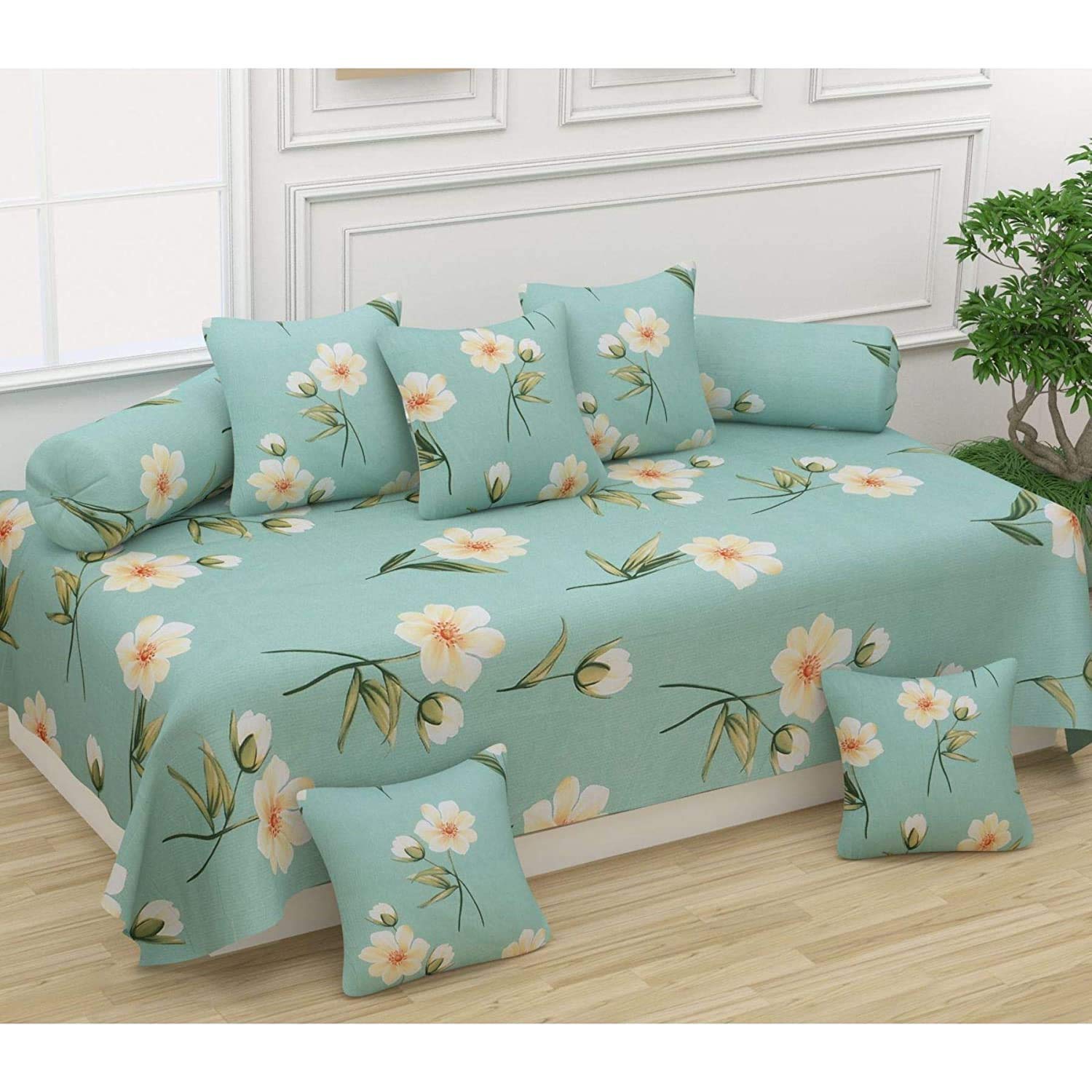 Super Soft Glace Cotton Designer 8 Pieces Modern Beautiful Diwan Set(1 Diwan Sheet, 2 Bolster Covers and 5 Cushion Covers) Multicolor-image-30