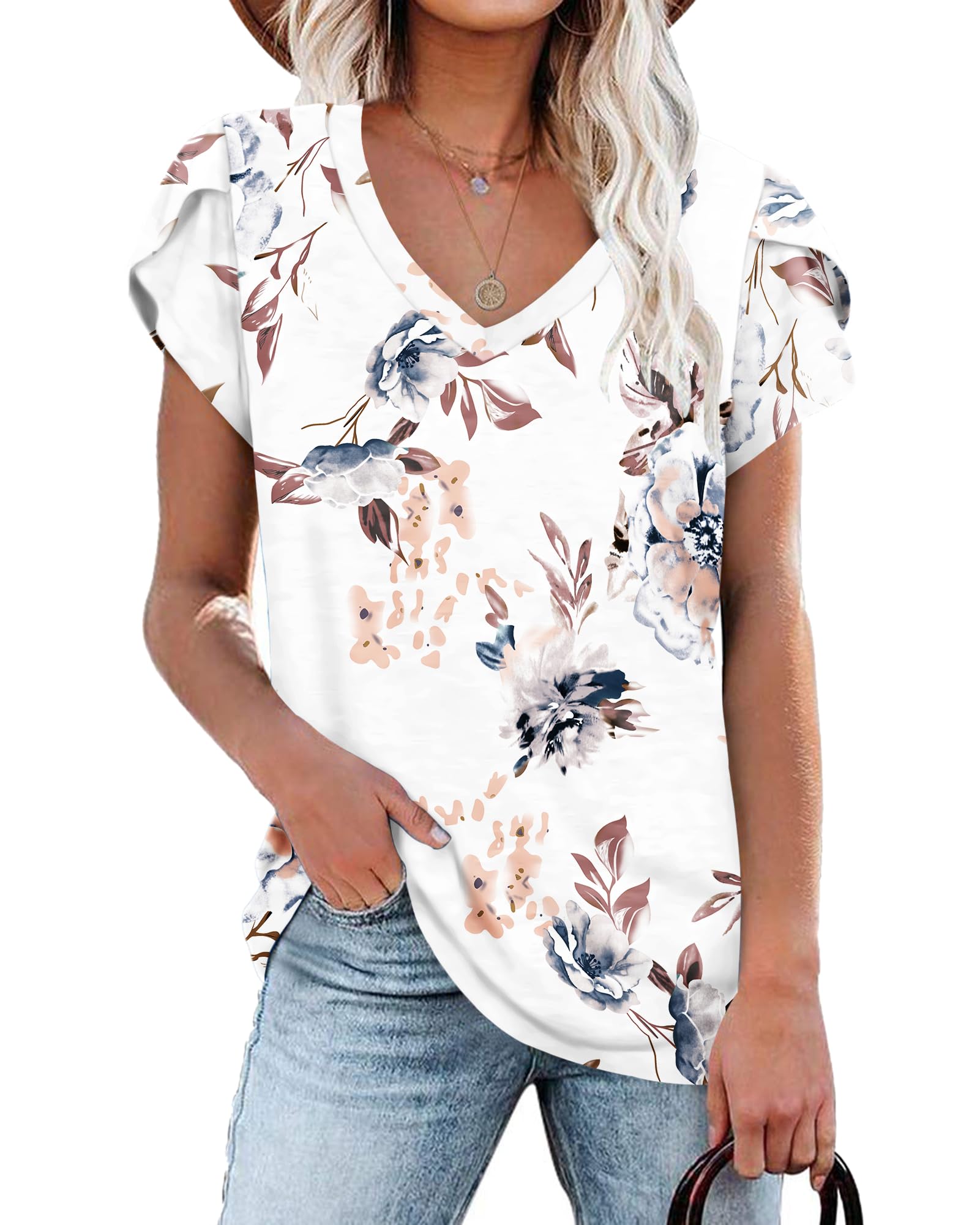 NARRAME Camiseta de Mujer con Cuello en V y Mangas de pétalos Tops de Verano Ocio Manga Corta Tops de Playa