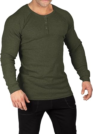 Muscle Cmdr Mens Lightweigt Waffle Henley Shirt Regular Fit Long&Short Sleeve Casual 3 Button Placket Underwear