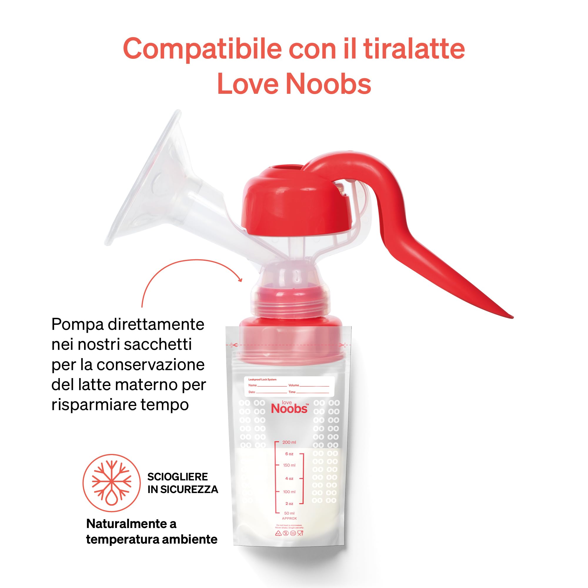 Sacchetti Latte Materno di Love Noobs, Buste Latte Materno Congelare, 200 conte - Sacchetti da 200 ml, Facile da usare, Presterilizzati