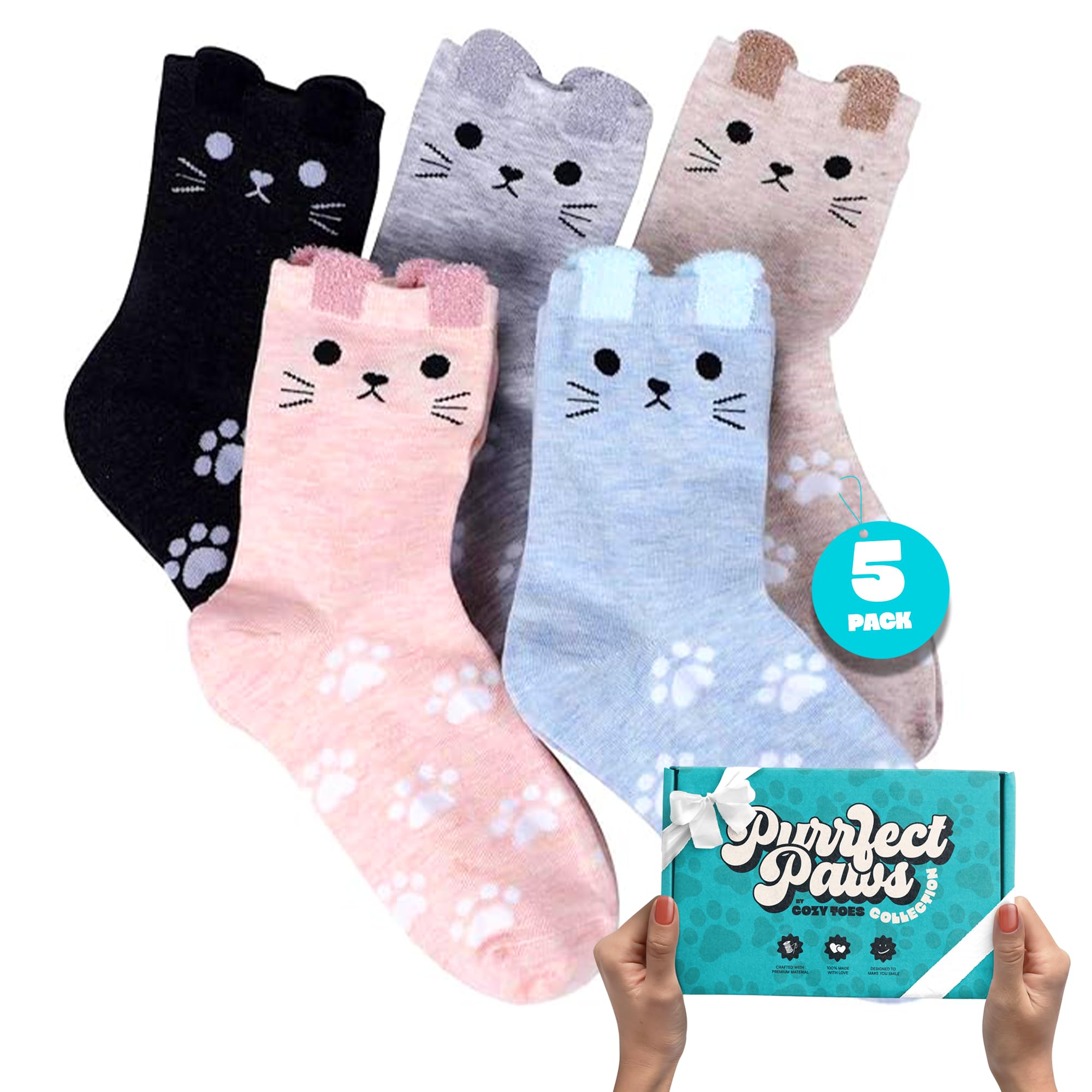 Cozy Toes Women's Multicolour 5 Pairs Warm Cat Socks For 4-7 With A Gift Package - Girls Novelty Socks With Cute Pattern | Perfect Stocking Fillers For Teenage Girls | Cat Christmas Gifts For