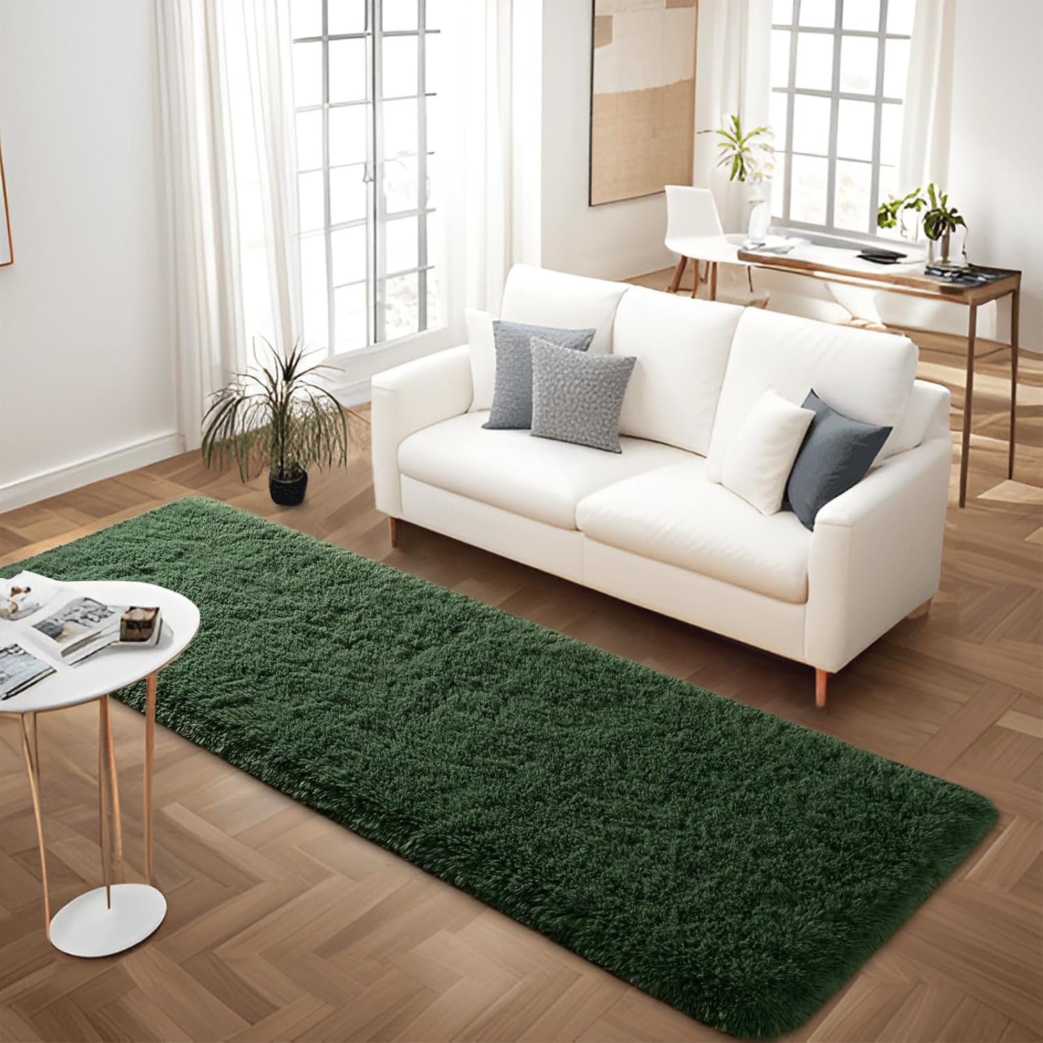 FALARK Soft Dark Green Runner Rugs for Bedroom, 2x6 ft Bedside Rug Plush Fluffy