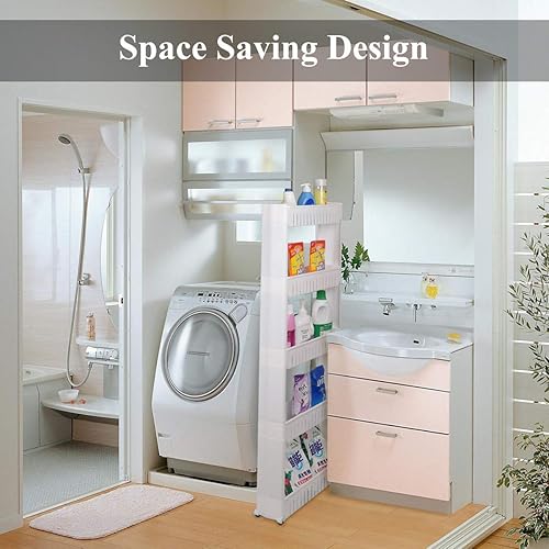 Miniatura 6 de Estante organizador móvil para lavandería con 5 grandes cestas de almacenamiento, diseño delgado ideal para espacios estrechos, PP, 4 niveles.