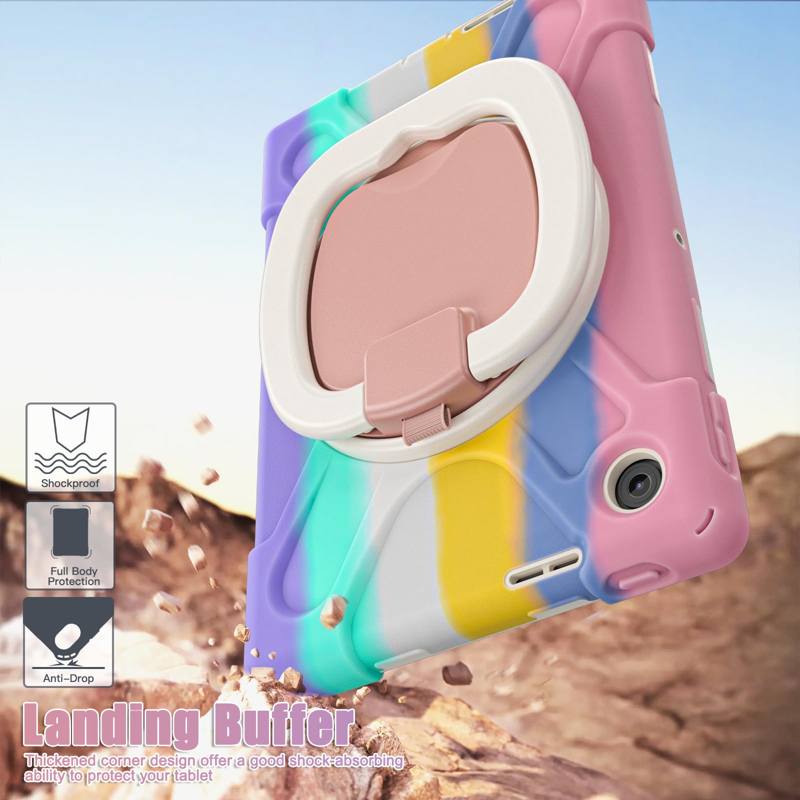 Odporne na wstrząsy etui kompatybilne z Lenovo Tab S10 10.1 TB-311XU/K10C TB-311FU 2025 z osłoną ekranu, wytrzymałe, obrotowe o 360° stojak + hybrydowa osłona z paskiem na ramię, różowe C