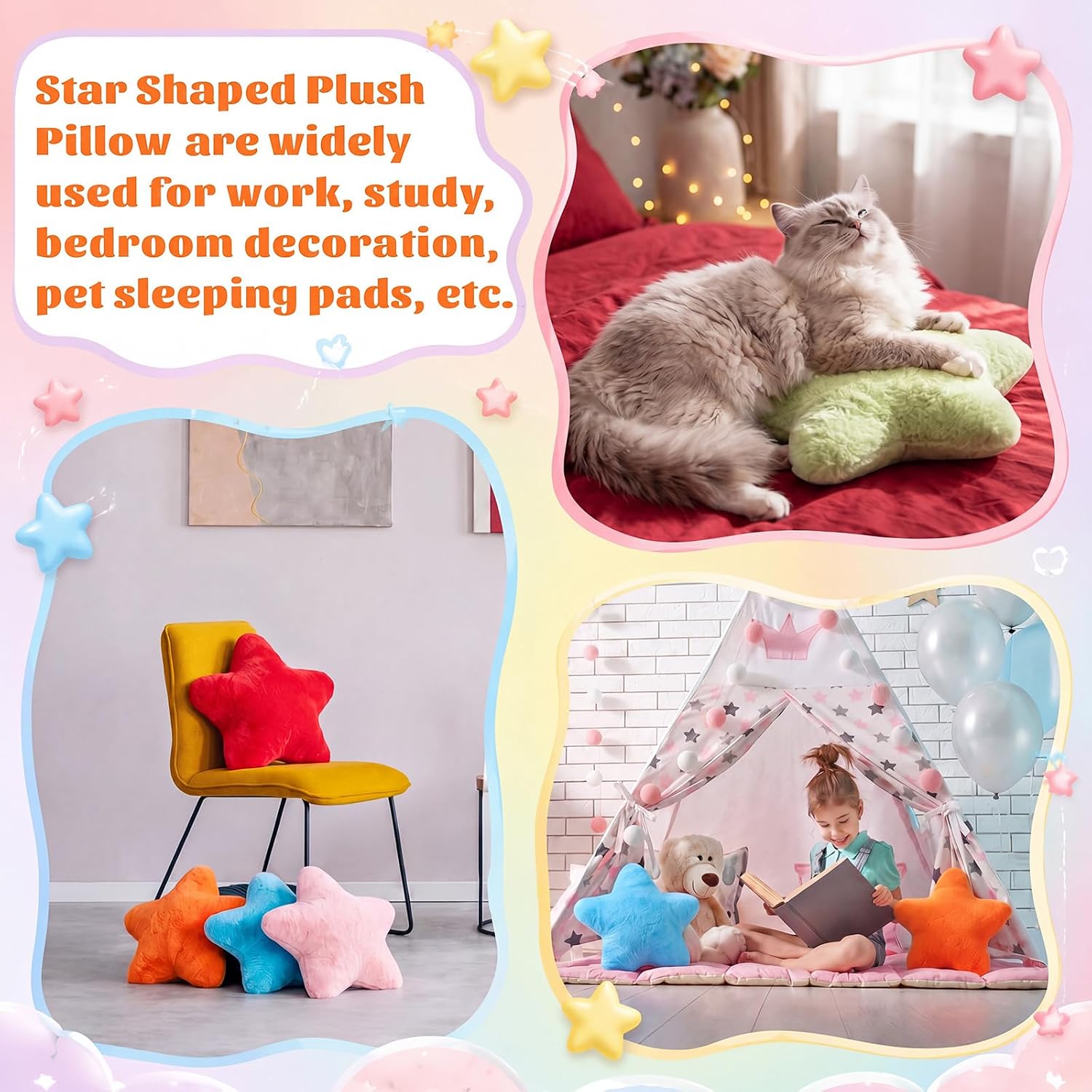 Soaoo 5 Pcs Star Throw Pillow,Red, Orange, Lake Blue, Green, Pink | Fluffy Star Shaped Cushion 15.75 Inch, Soft Decorative Pillows for Bedroom Living Room, Aesthetic Preppy Room Decor