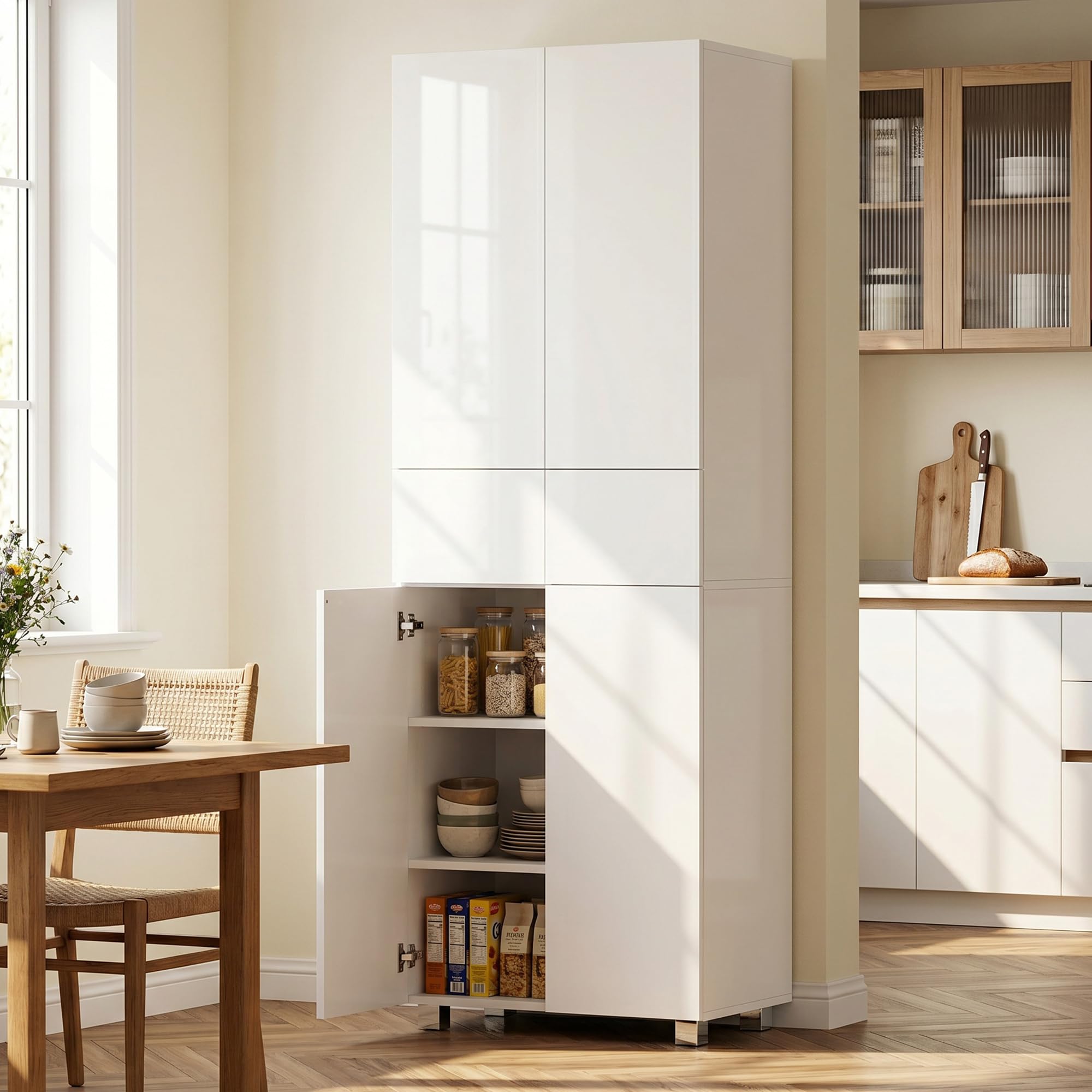 HOMCOM Armoire Cuisine, Moderne, 2 Tiroirs, 60 x 35 x 170 cm Blanc Laqué | Buffet de Cuisine Haut, Meuble de Rangement, 4 Portes Ouverture par Poussée, Étagères Réglables