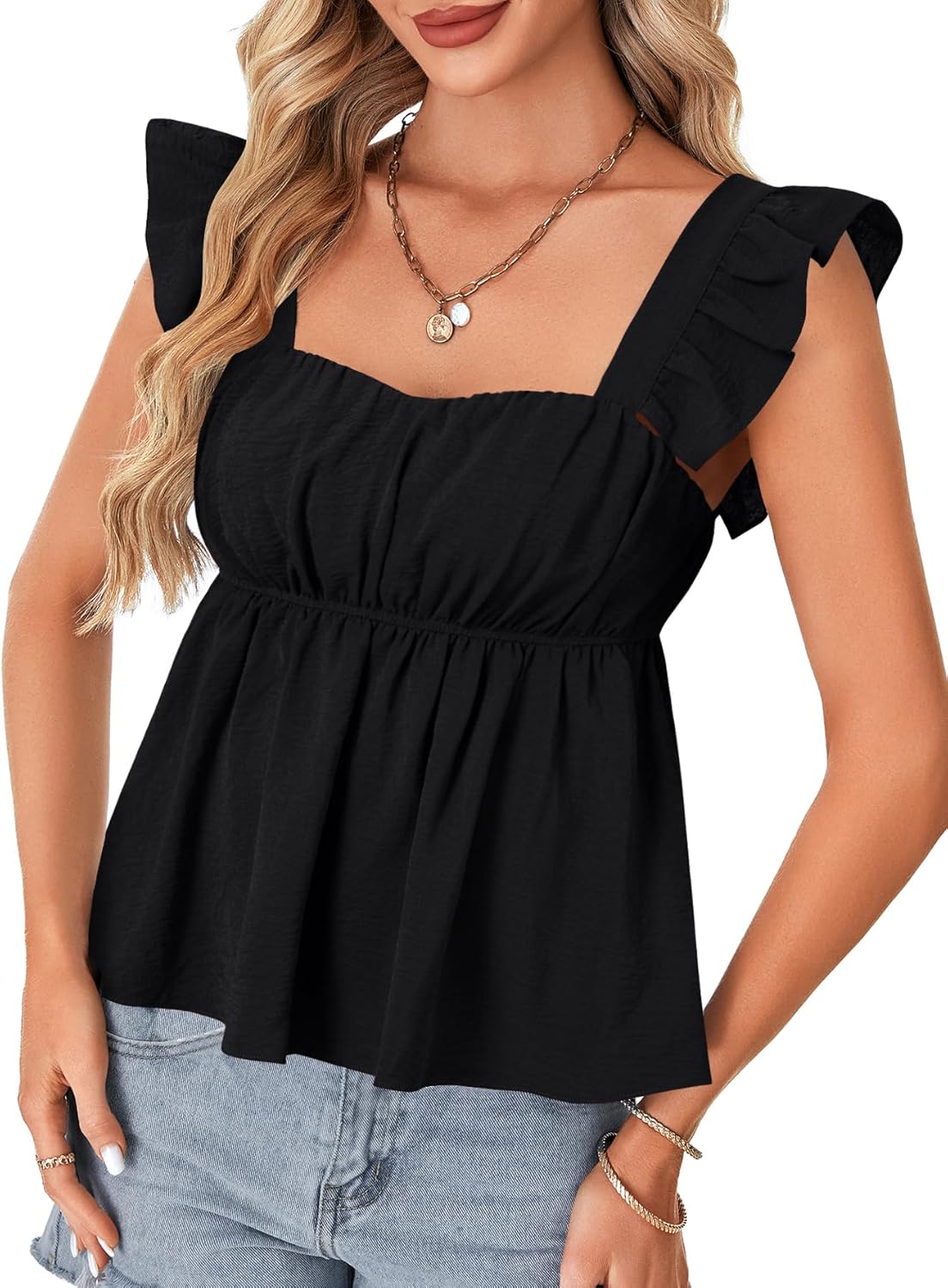 Rooscier Women's Square Neck Ruffle Cap Sleeve Ruched Peplum Babydoll Blouse Tank Tops - Image 4