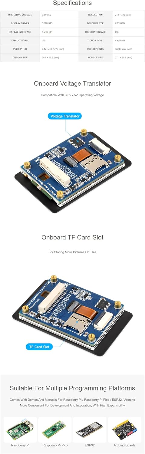 2inch IPS Capacitive Touch LCD Module, 240x320 ST7789T3 SPI Display with CST816D I2C Touch, TF Card Slot, 3.3V/5V, for Raspberry Pi Pico Arduino ESP32