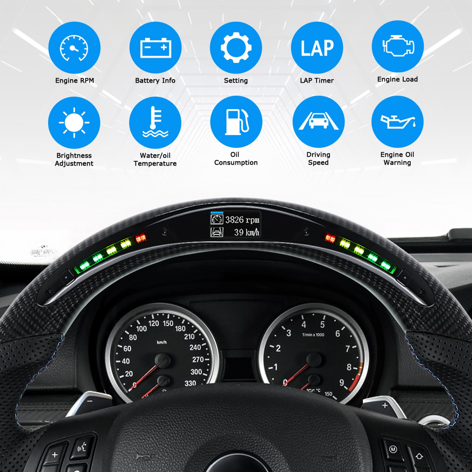 Carbonfaser-Lenkrad, Lederlenkrad D-Form Flachboden LED Schaltanzeige Lenkrad für BMW M Sport 1/3 Serie M3/E88 E90 E91 E92 E93 2005-2012