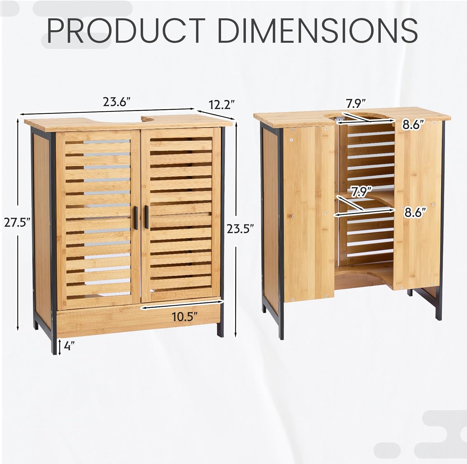 24" Bamboo Pedestal Under Sink Storage Vanity Cabinet, Solid Waterproof Sliding Door Bathroom Organizer with Adjustable Shelf, Modern Bathroom Furniture(for Floor Drain)