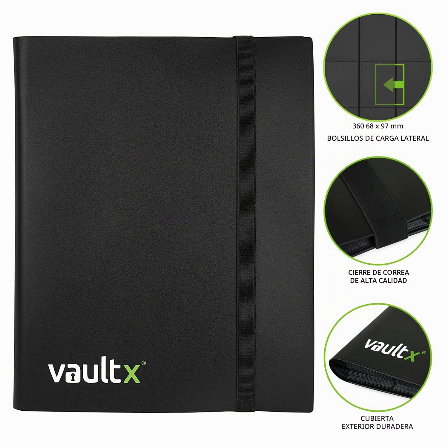 Vault X Álbum Estándar con Correa, para 360 Cartas Coleccionables, 9 Bolsillos, 20 Páginas de Carga Lateral (Negro)