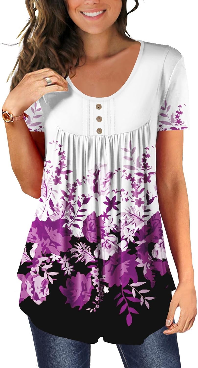 BeadChica Women's Tunic Tops For Leggings Short Sleeve Shirts Botton Up Casual Ruched Blouses Clothing