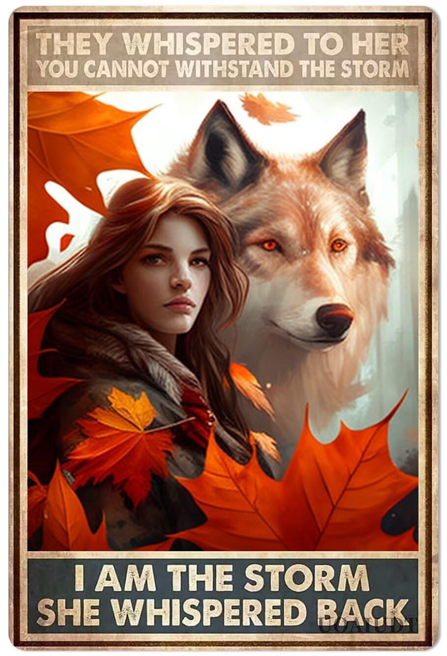 peiyeety Metal Tin Sign She Whispered I Am The Storm Wolf Girl Art Decorative 6x8 Inch Vintage Retro Wall Art Plaque For Home Living Room Bedroom Inspirational Rustic Themed Wall Decor