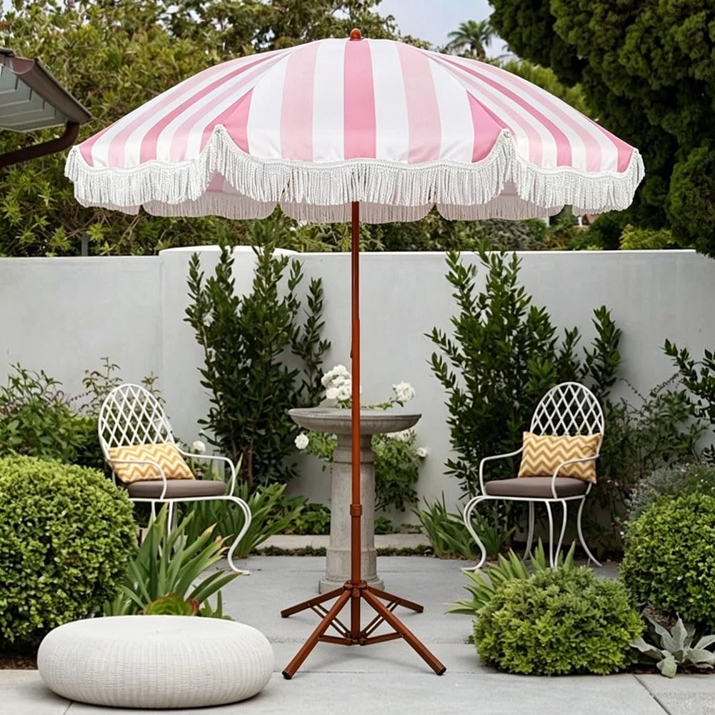 200 cm Parasol Plażowy Boho w Paski z Frędzlami, Przenośny Parasol Ogrodowy z Nachylenia o 45° UPF 50+ do na Basen, Kemping i Pikniki