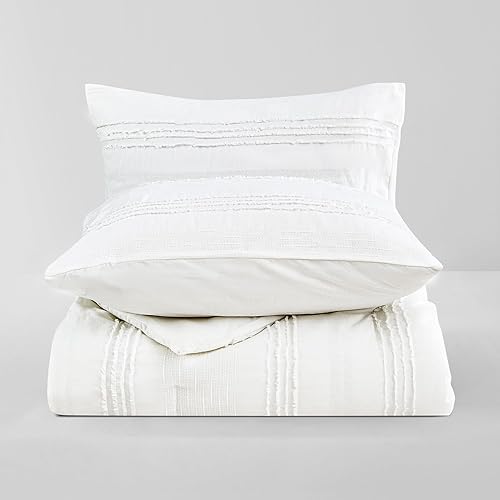 Miniatura 8 de Wonderful Juego de edredón blanco tamaño Queen, edredón de algodón a rayas jacquard recortado ligero con fundas de almohada, juego de ropa de cama