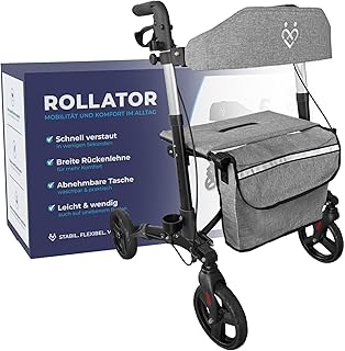 ForeverSenior Rollator - 3-fach faltbar und leicht mit Sitz und All Gelände Reifen, schmaler 7,2kg Reiserollator zum Klappen für Senioren